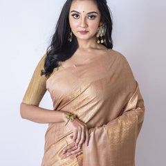 Cotton Munga Silk Zari Weaving Designer Handloom Saree with Mixed Pattern (Brown) - View 3