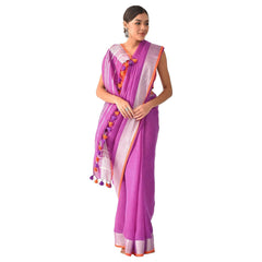 Linen Cotton Blend Contrast Handloom Bhagalpuri Saree for Women (Fuchsia_Pink-Orange)