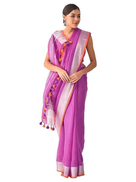 Linen Cotton Blend Contrast Handloom Bhagalpuri Saree for Women (Fuchsia_Pink-Orange)