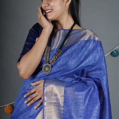 Blue Sequins Bhagalpuri Silk Handloom Striped Saree - View 4