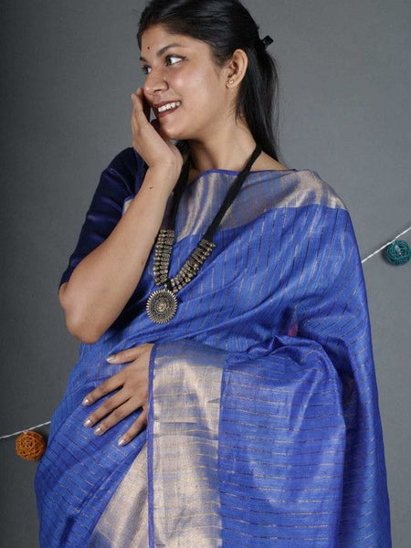 Blue Sequins Bhagalpuri Silk Handloom Striped Saree - View 4