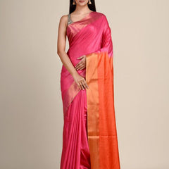 Handloom Tussar Munga Silk Bhagalpuri Two Dye Saree for women's (Cerise_Pink & Persmon_Orange)