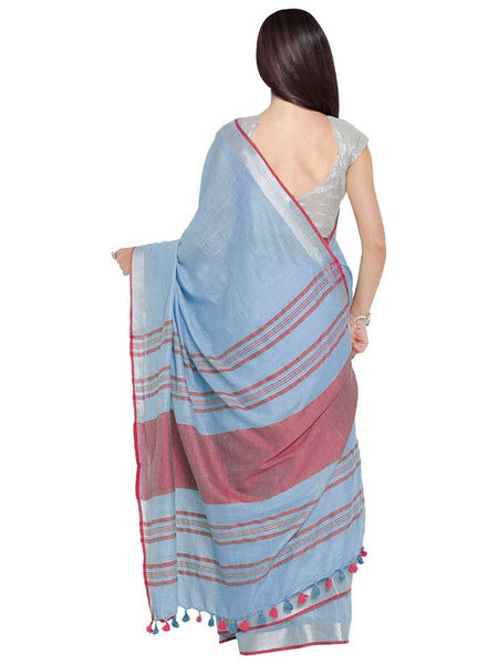 Powder Blue-Pink women's Bhagalpuri Handloom Cotton Linen Blend Contrast Pallu Saree And Unstitched Contrast Blouse Piece - View 4