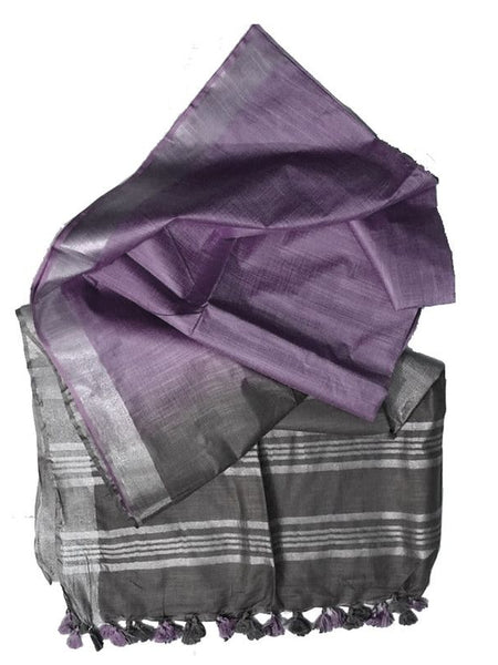 Ultra Violet & Grey women's Ethnic Wear Bhagalpuri Handloom Cotton Linen Blend Two Dye Saree With Running Unstitched Blouse Piece