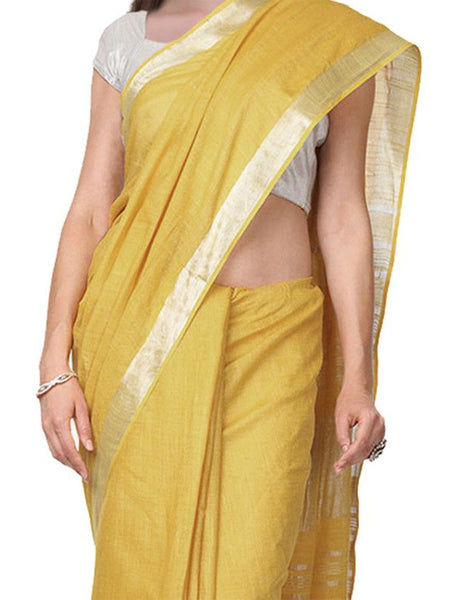 Arylide Yellow women's Handloom Bhagalpuri Cotton Linen Slub Blend Zari Border Saree Ethnic Wear With Running Unstitched Blouse Piece - View 3