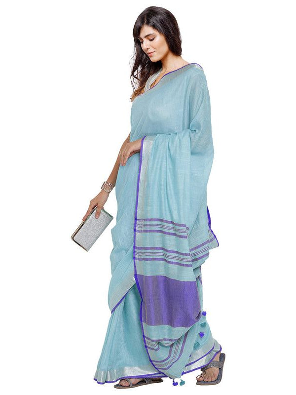 Photo Blue-Blue women's Bhagalpuri Handloom Cotton Linen Blend Contrast Pallu Saree And Unstitched Contrast Blouse Piece - View 2