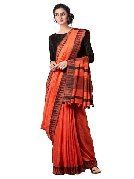 Tangelo Orange women's Bhagalpuri Handloom Kota Silk Temple Border Saree And Variation Of Colors With Striped Blouse Piece