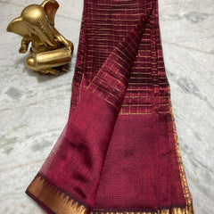Bhagalpuri Handloom Cotton Silk Check Half Body Saree for women's (Tyrian_Brown)