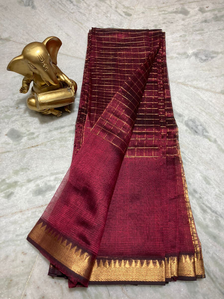 Bhagalpuri Handloom Cotton Silk Check Half Body Saree for women's (Tyrian_Brown)
