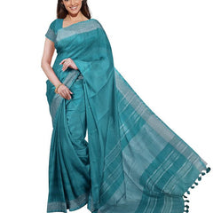 Cyan & Hookers' Green women's Bhagalpuri Handloom Cotton-Linen Blend Saree Combo (Pack Of 2) With Running Unstiched Blouse Piece - View 2