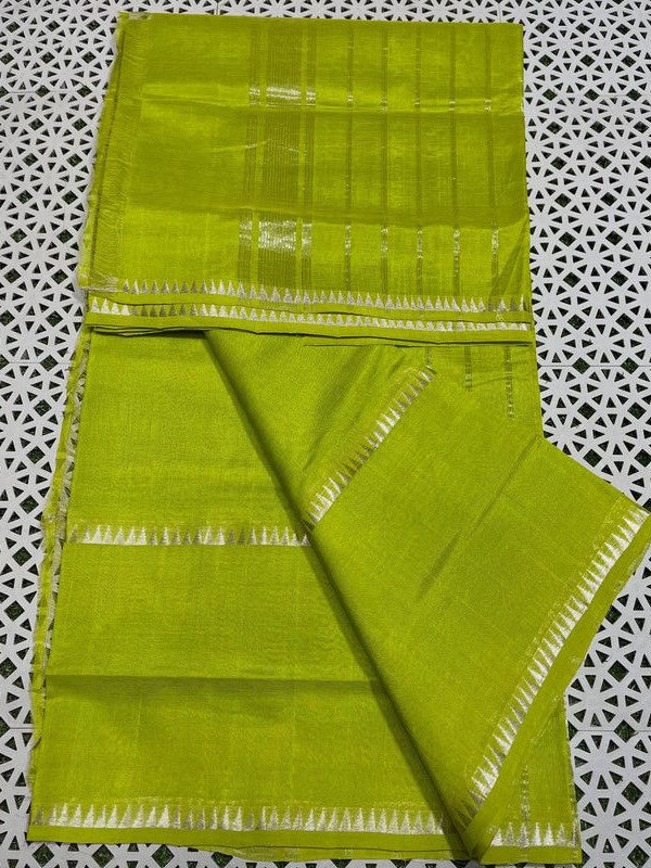 Cotton Handloom Mangalagiri Silk Saree with Temple Border ()100225 Parrot_Green