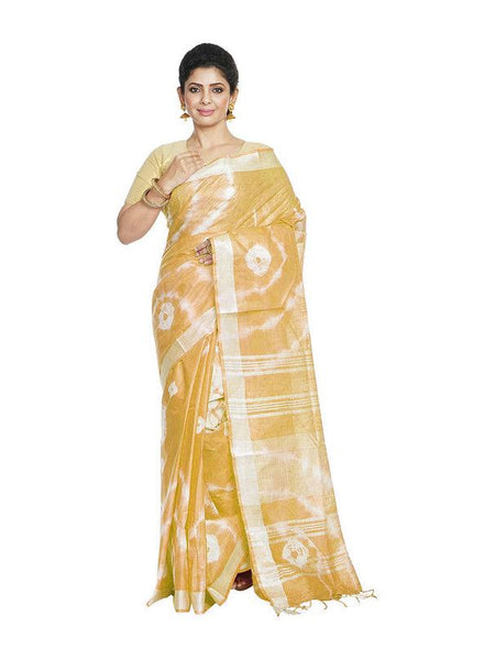 Yellow women's Bhagalpuri Handloom Linen Blend Tie-Dye (Sibory Dye) Saree With Running Unstiched Blouse Piece