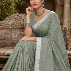 Bhagalpuri Handwoven Cotton-Linen Blend Saree With Running Blouse Piece(Sage Green) - View 5