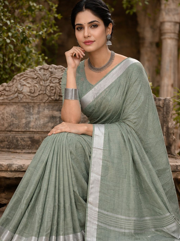 Bhagalpuri Handwoven Cotton-Linen Blend Saree With Running Blouse Piece(Sage Green) - View 5