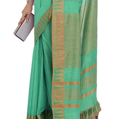 Paris Green women's Bhagalpuri Handloom Kota Silk Temple Border Saree And Variation Of Colors With Striped Blouse Piece