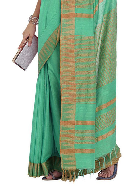 Paris Green women's Bhagalpuri Handloom Kota Silk Temple Border Saree And Variation Of Colors With Striped Blouse Piece