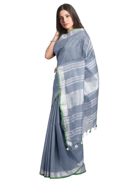 Handloom Bhagalpuri Linen-Cotton Saree With Contrast Blouse Piece - View 2