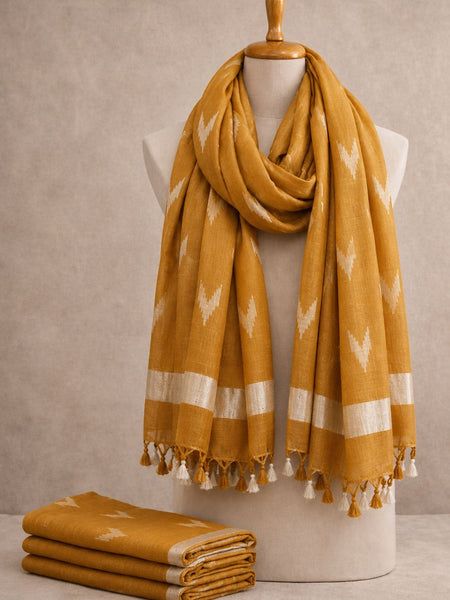 Linen Cotton Blend Zari Weaving Handloom Ikkat Dupatta (12009 Buff_Brown)