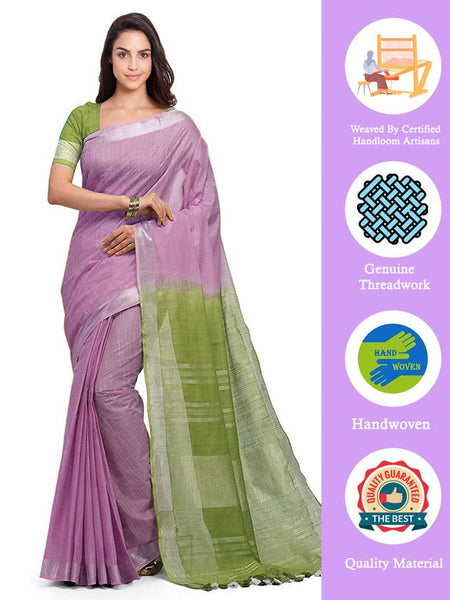 Mauve Purple & Moss Green women's Bhagalpuri Handloom Pure Cotton Two Dye Saree With Running Unstitched Blouse Piece - View 3
