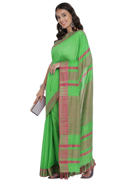 Screamin Green women's Bhagalpuri Handloom Kota Silk Temple Border Saree And Variation Of Colors With Striped Blouse Piece - View 3