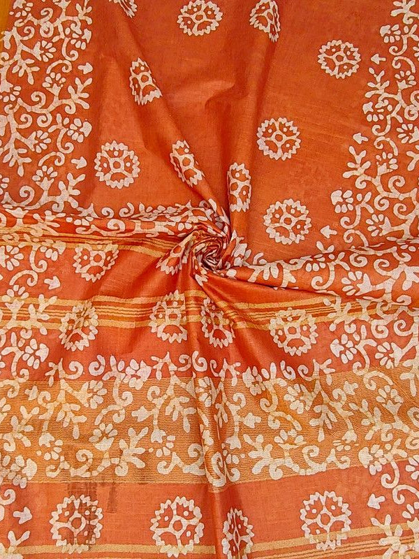 Linen Cotton Blend Handloom Batik Print Saree (GLBR_Gold-Dusty_Orange) - View 2