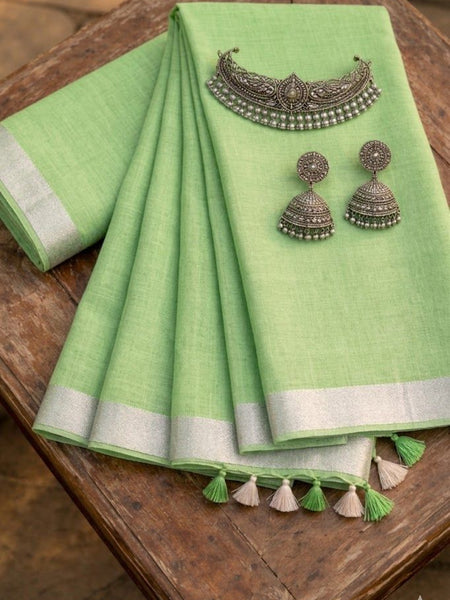 Bhagalpuri Handwoven Cotton-linen Blend Saree With Running Blouse Piece(Parrot Green)