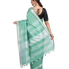 Mint Green women's Handloom Bhagalpuri Linen-Cotton Saree With Contrast Blouse Piece - View 3