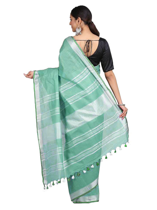 Mint Green women's Handloom Bhagalpuri Linen-Cotton Saree With Contrast Blouse Piece - View 3
