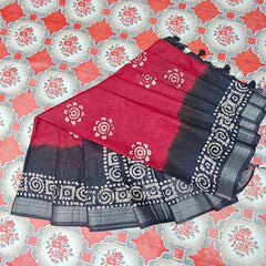 Linen Cotton Blend Handloom Bandhani Dye Batik Print Saree (SLBR_Red & Black) - View 5