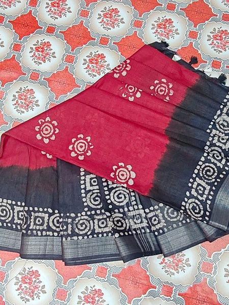 Linen Cotton Blend Handloom Bandhani Dye Batik Print Saree (SLBR_Red & Black) - View 5