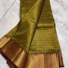 Cotton Silk Handloom Bhagalpuri Wide Border Check Saree (Gold-Olive_Green)