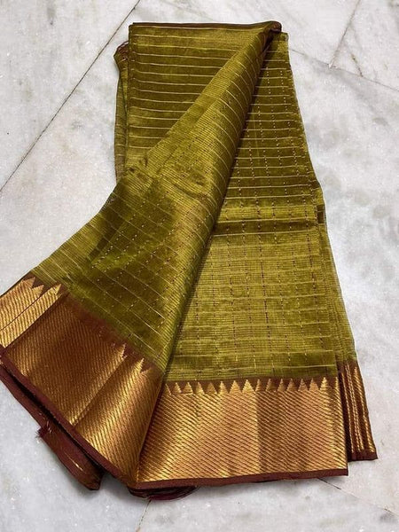 Cotton Silk Handloom Bhagalpuri Wide Border Check Saree (Gold-Olive_Green)