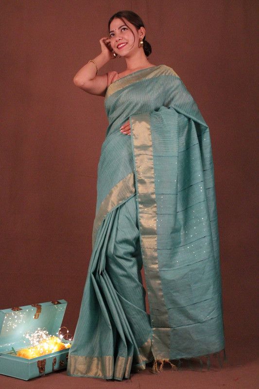 Handloom Silk Bhagalpuri Striped Sequins Turquoise Saree - View 5