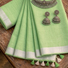 Bhagalpuri Handwoven Cotton-linen Blend Saree With Running Blouse Piece(Parrot Green)