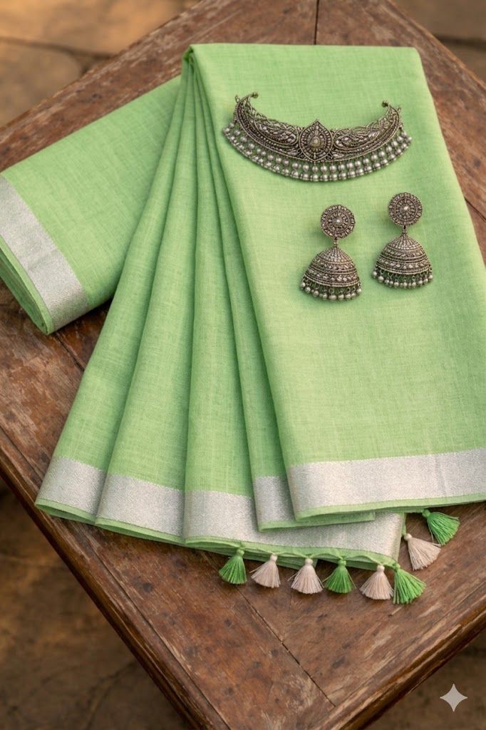 Bhagalpuri Handwoven Cotton-linen Blend Saree With Running Blouse Piece(Parrot Green)