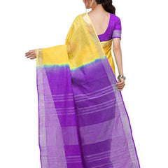 Yellow & French Violet women's Handloom Bhagalpuri Linen Cotton Slub Blend Two Dye Saree With Running Unstitched Blouse Piece - View 5