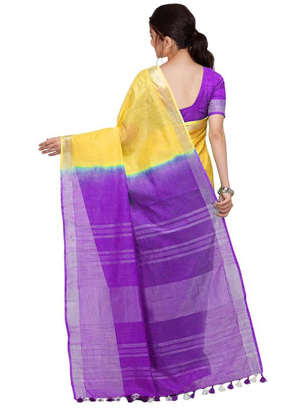 Yellow & French Violet women's Handloom Bhagalpuri Linen Cotton Slub Blend Two Dye Saree With Running Unstitched Blouse Piece - View 5