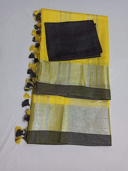 Yellow-Black women's Handloom Bhagalpuri Cotton Linen Blend Saree Ethnic Wear With Contrast Unstitched Blouse Piece - View 3