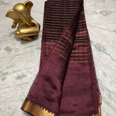 Bhagalpuri Handloom Cotton Silk Check Half Body Saree for women's (Burgundy_Brown)