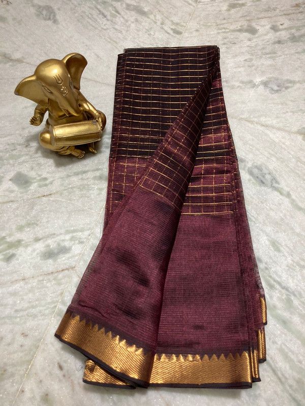 Bhagalpuri Handloom Cotton Silk Check Half Body Saree for women's (Burgundy_Brown)