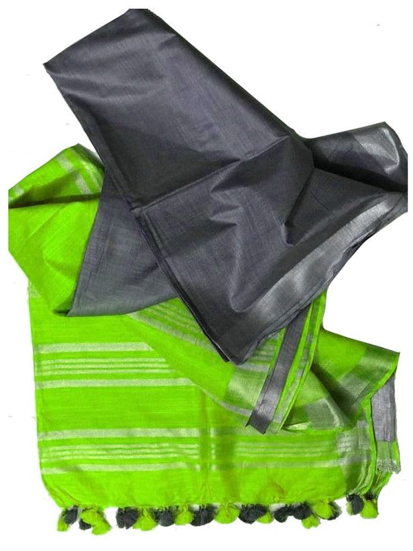 Grey & Lawn Green Bhagalpuri women's Ethnic Wear Handloom Cotton Zari Border Two Dye Saree With Running Unstitched Blouse Piece - View 6