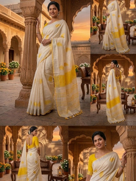 Handwoven Bhagalpuri Linen Blend Embroidered Saree With Contrast Blouse Piece(White_Yellow) - View 3