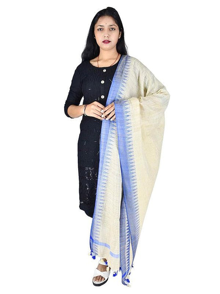 Bhagalpuri Linen Textured Blue Temple Border Handloom Dupatta
