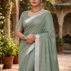 Bhagalpuri Handwoven Cotton-Linen Blend Saree With Running Blouse Piece(Sage Green) - View 3