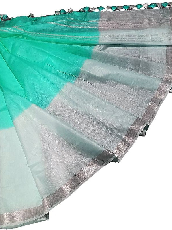 Turquoise women's Bhagalpuri Linen-Slub Blend Two Dye Saree With Blouse Piece - View 3