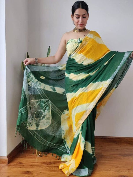 Multi Dye Sibory Linen Handloom Saree (Yellow-Creame-Green)