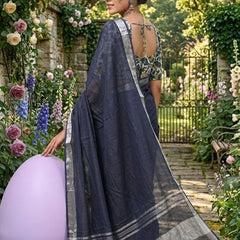 Handwoven Linen Blend Saree With Running Blouse Piece(Grey) - View 2