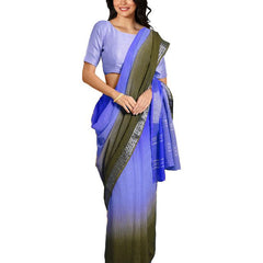 Neon Blue & Brownish Green women's Bhagalpuri Handloom Linen Cotton Blend Two Dye Saree With Running Unstitched Blouse Piece