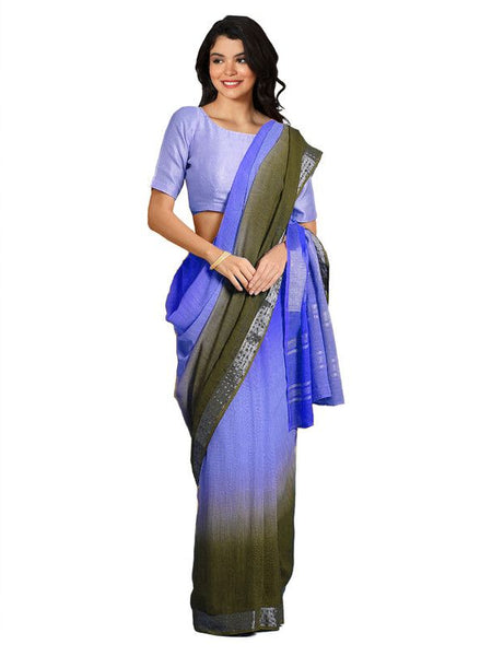 Neon Blue & Brownish Green women's Bhagalpuri Handloom Linen Cotton Blend Two Dye Saree With Running Unstitched Blouse Piece