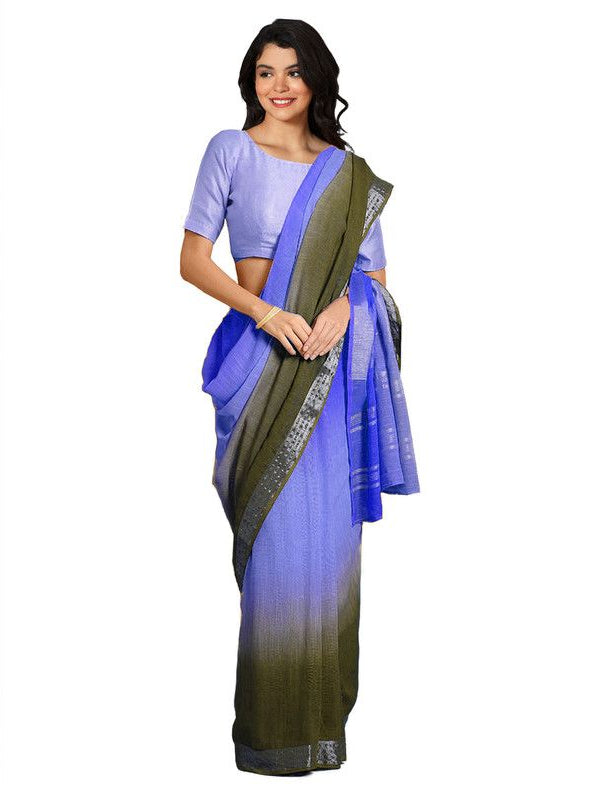 Neon Blue & Brownish Green women's Bhagalpuri Handloom Linen Cotton Blend Two Dye Saree With Running Unstitched Blouse Piece